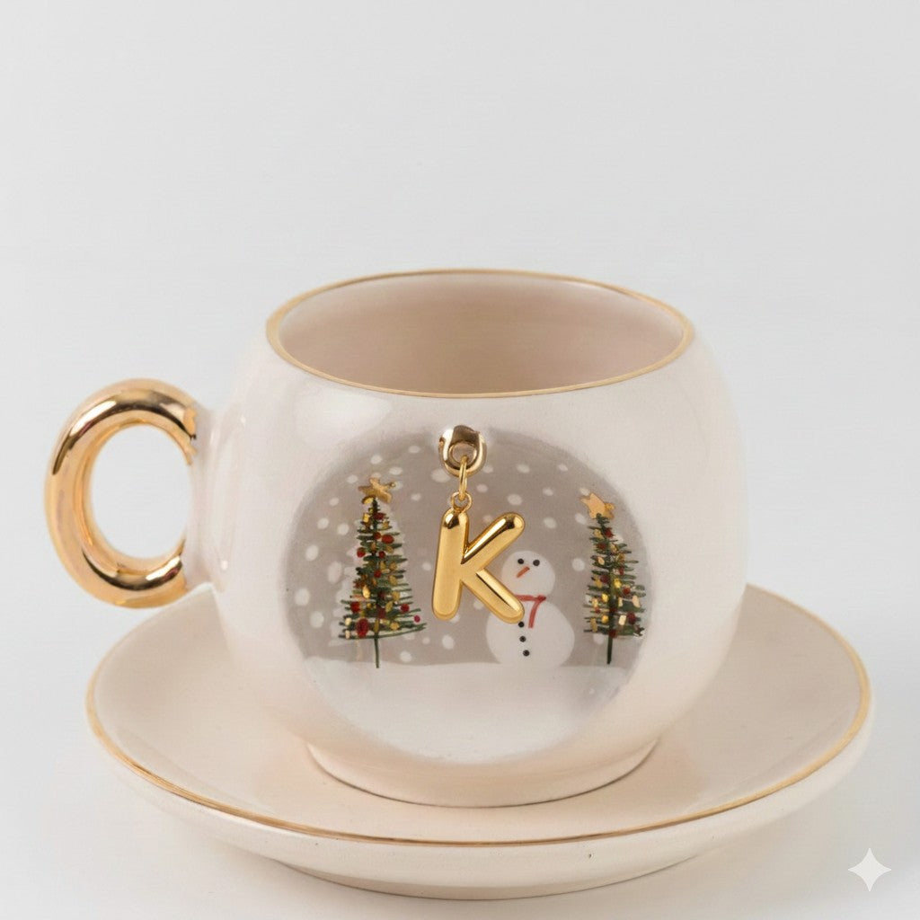 Porcelain coffee cup with saucer; gold letter K winter scene with snowman