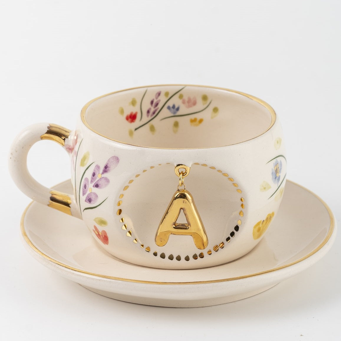 Porcelain letter mug with saucer, gold A charm and spring floral pattern