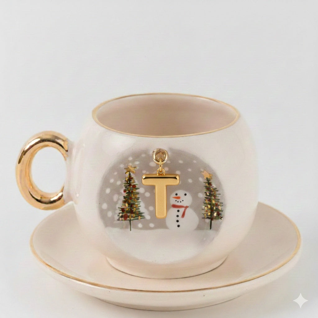 Porcelain coffee cup and saucer set, gold handle, letter T holiday ornament
