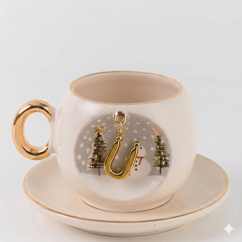 Porcelain coffee cup and saucer set, gold handle, letter U holiday ornament