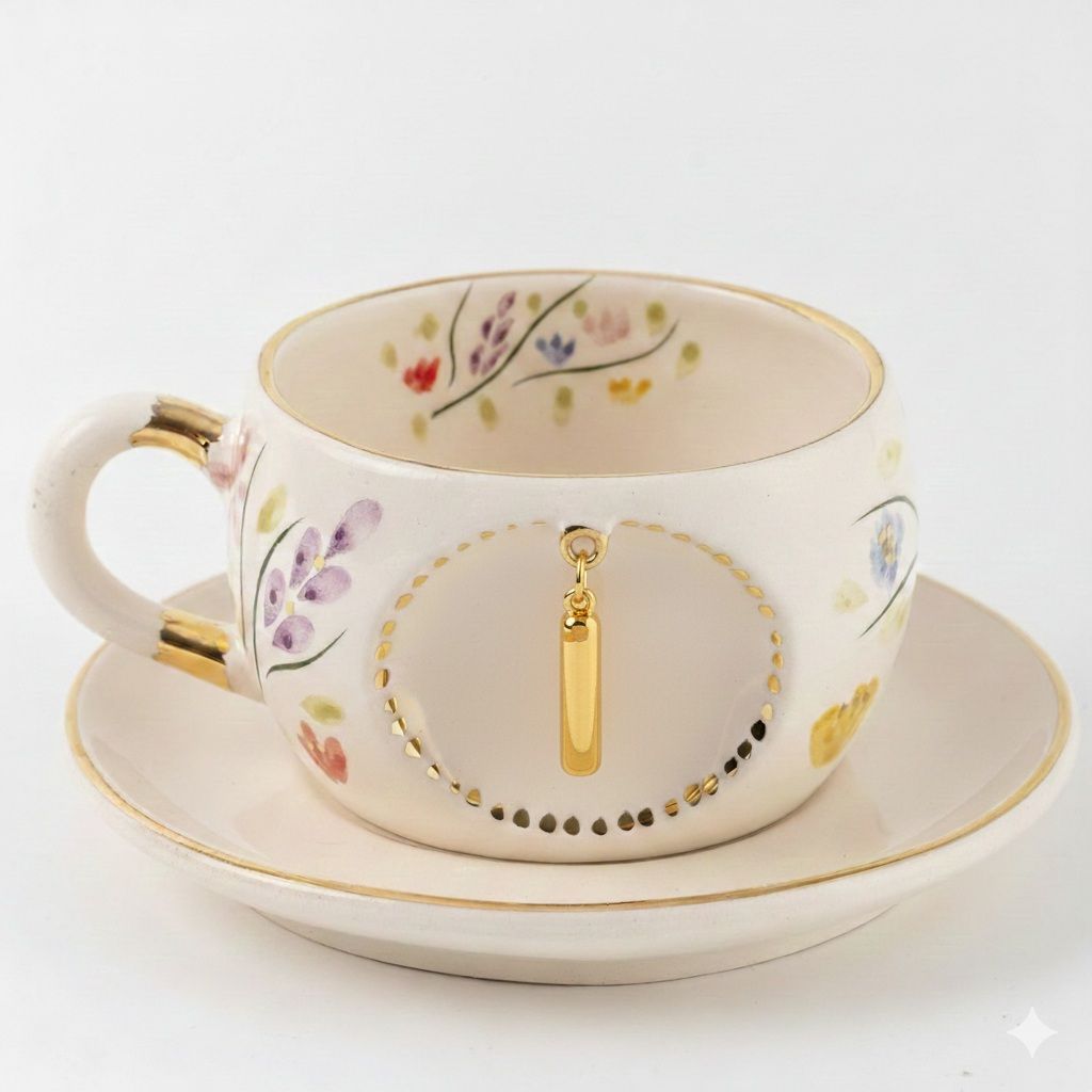 Porcelain letter mug with saucer, gold I charm and spring floral pattern