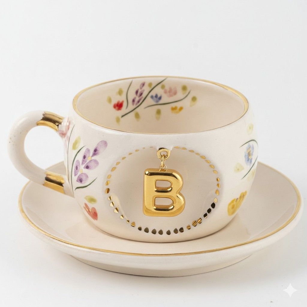 Porcelain letter mug and saucer with floral trim and gold B medallion