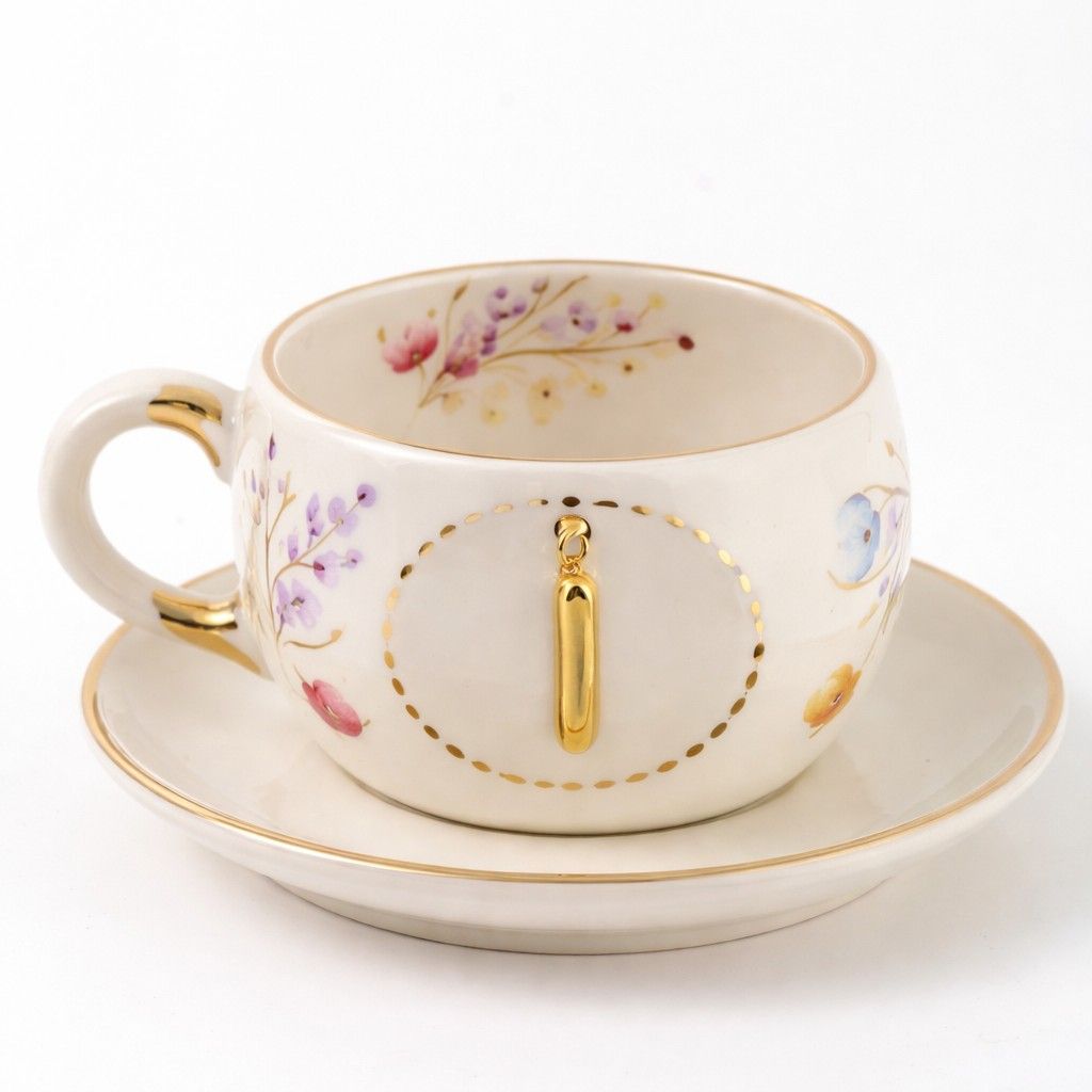 Porcelain letter mug and saucer with floral trim and gold I medallion
