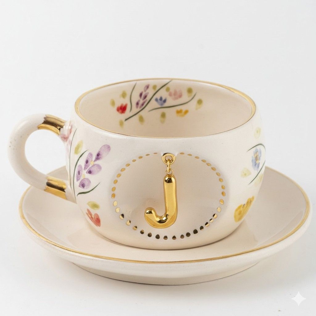 Porcelain letter mug with floral design, gold letter J on front and matching saucer.
