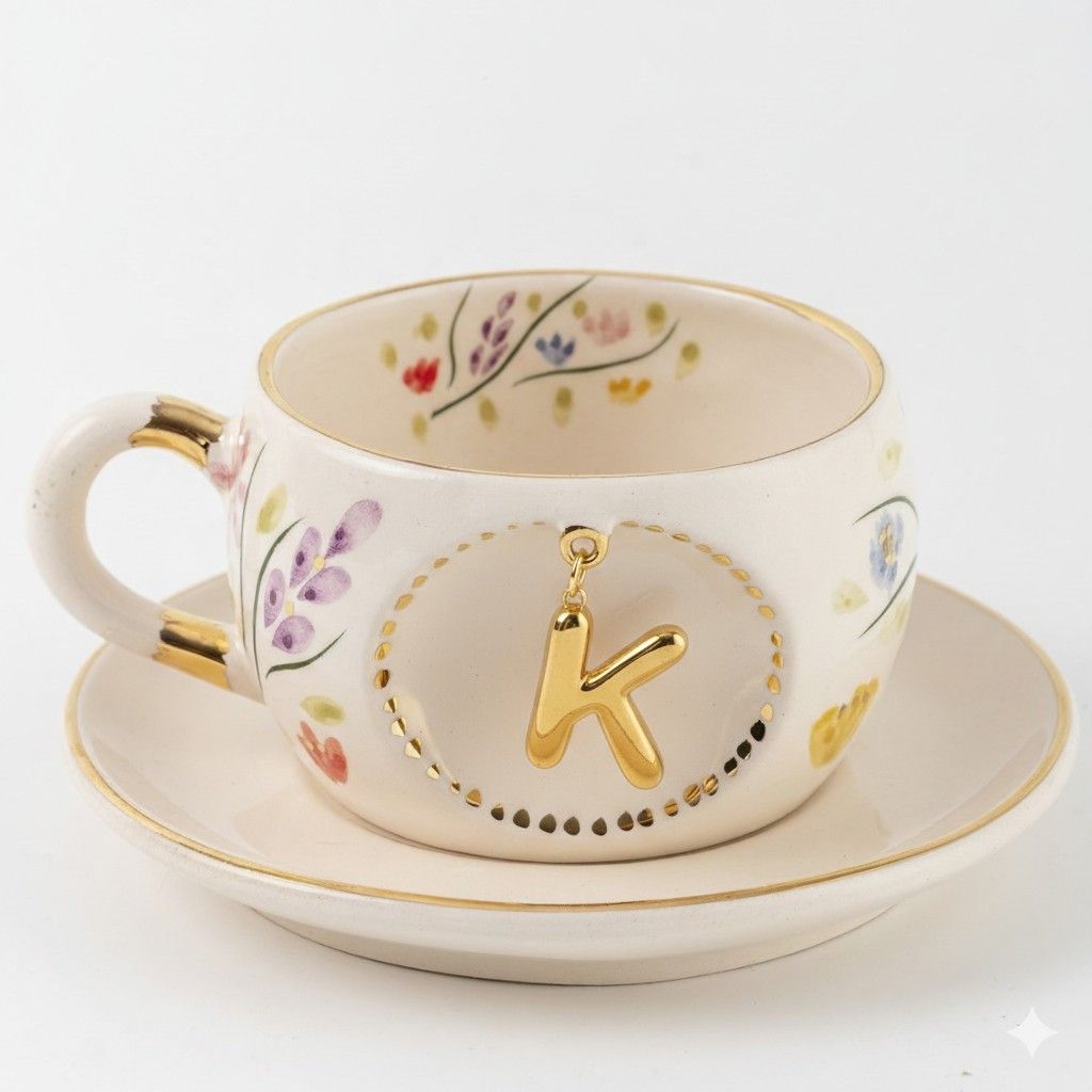 Porcelain letter mug with floral design, gold letter K on front and matching saucer.