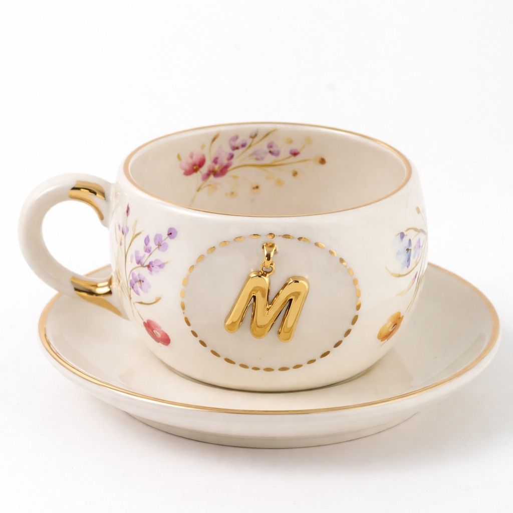 Porcelain letter mug with floral design, gold letter M on front and matching saucer.