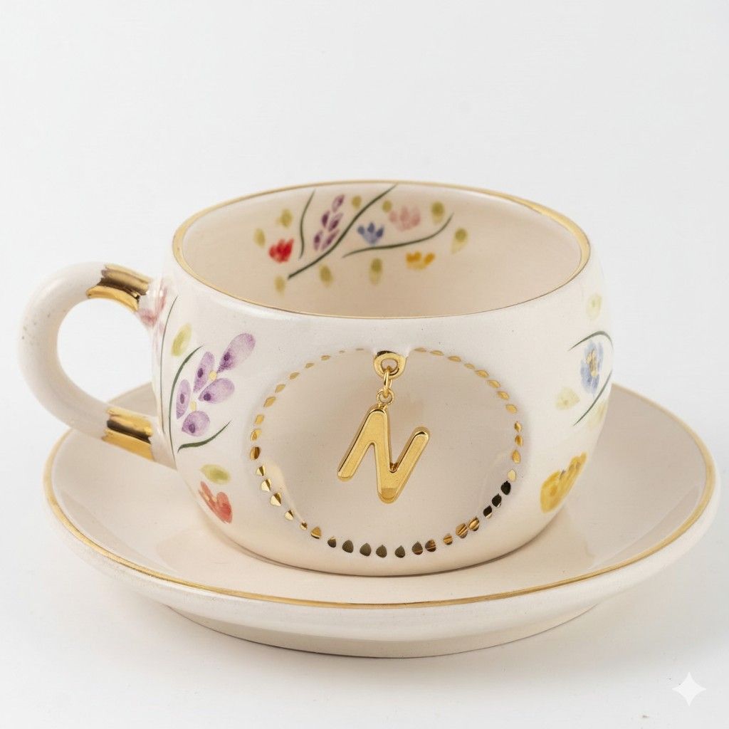 Porcelain letter mug with floral design, gold letter N on front and matching saucer.