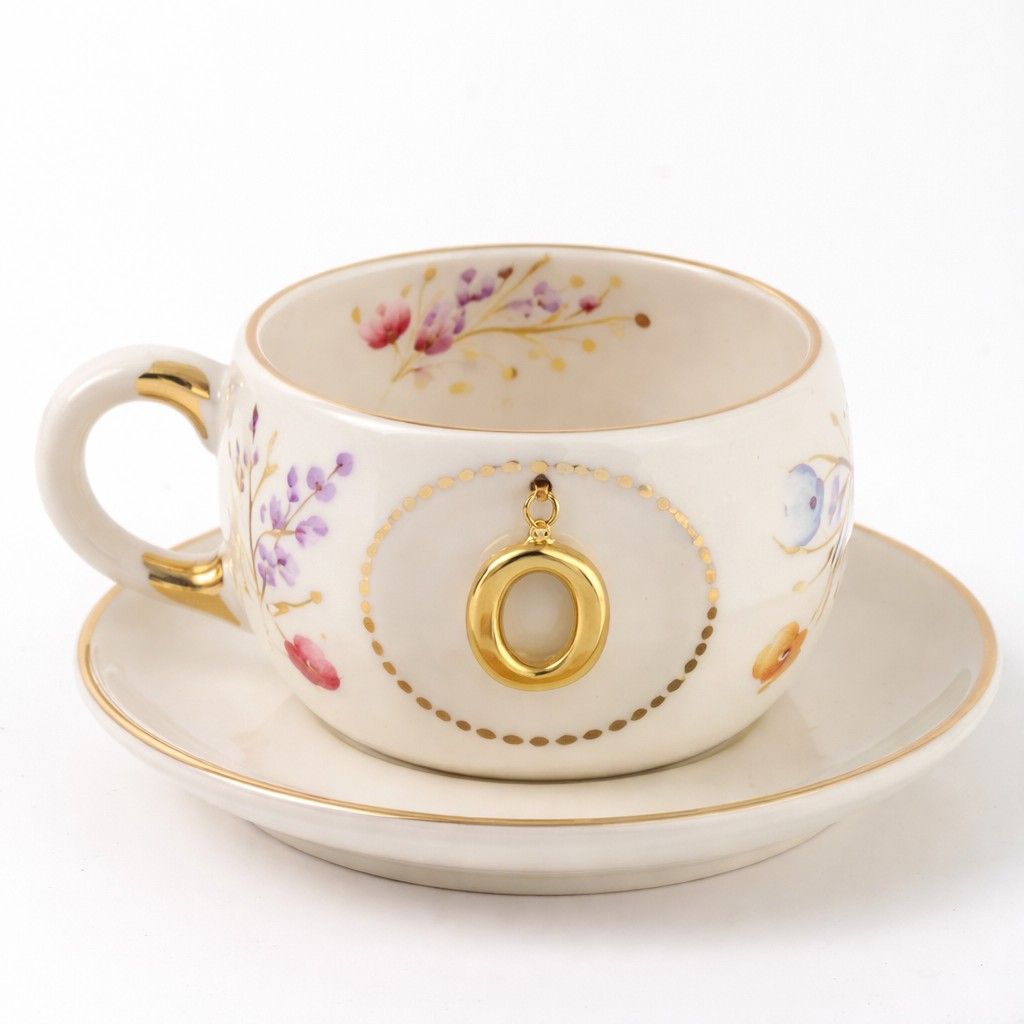 Porcelain letter mug with floral design, gold letter O on front and matching saucer.