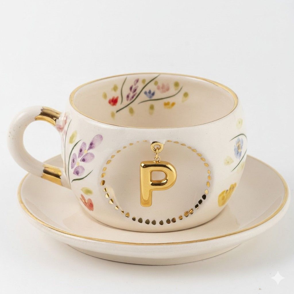 Porcelain letter mug with floral design, gold letter P on front and matching saucer.