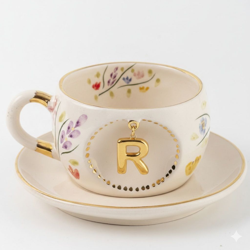 Porcelain letter mug with floral design, gold letter R on front and matching saucer.