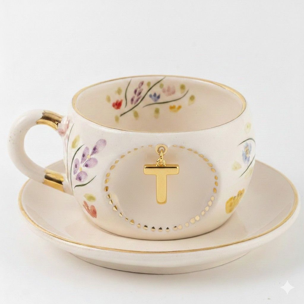 Porcelain letter mug with floral design, gold letter T on front and matching saucer.