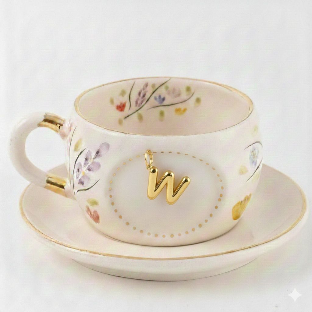 Porcelain letter mug with saucer, gold W charm and spring floral pattern