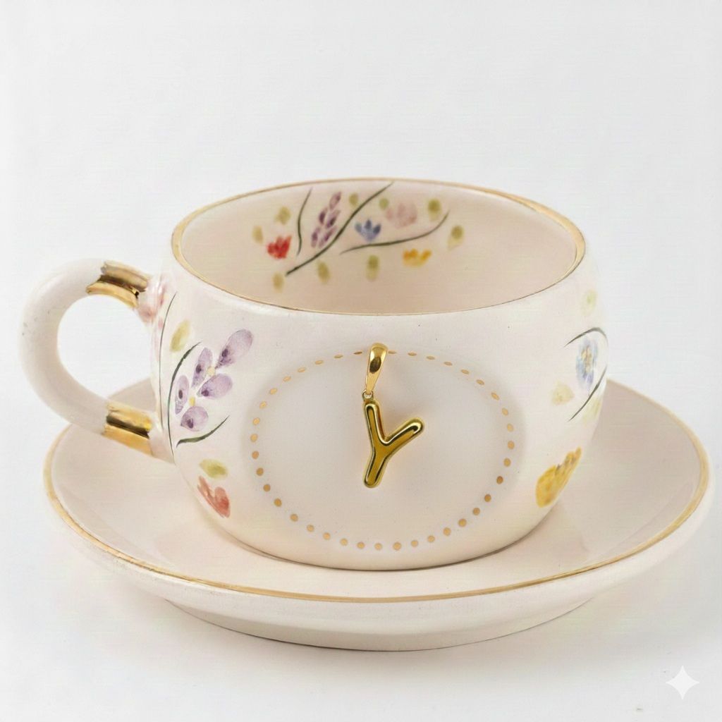 Porcelain letter mug with saucer, gold Y charm and spring floral pattern