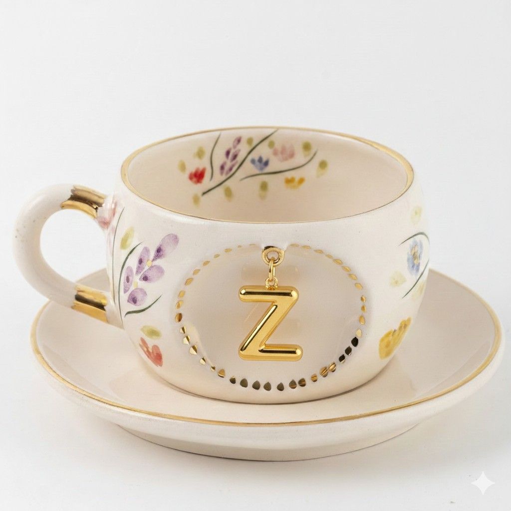 Porcelain letter mug with saucer, gold Z charm and spring floral pattern