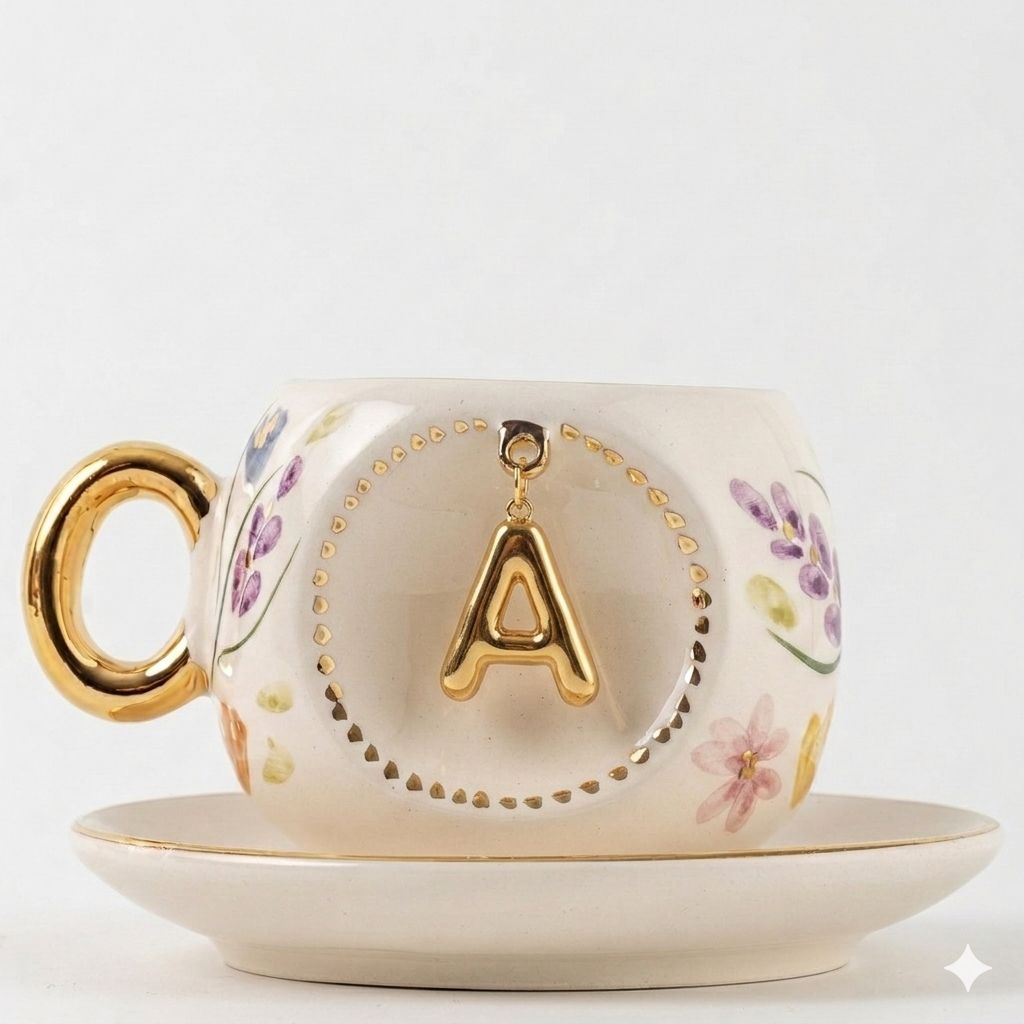 Porcelain Turkish coffee cup and saucer set with gold handle and letter A in gold frame