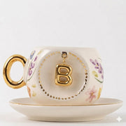 Porcelain Turkish coffee cup and saucer set with gold handle and letter B in gold frame