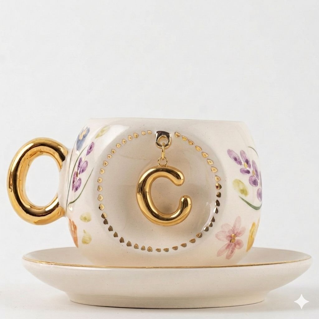 Porcelain Turkish coffee cup and saucer set with gold handle and letter C in gold frame
