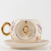 Porcelain Turkish coffee cup with handle, gold C charm and spring floral details, 130ml