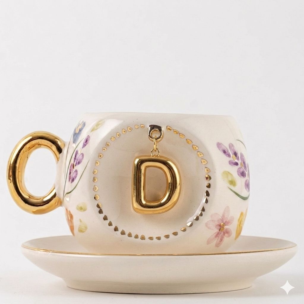 Porcelain Turkish coffee cup with handle, gold D letter charm and spring floral details, 130ml