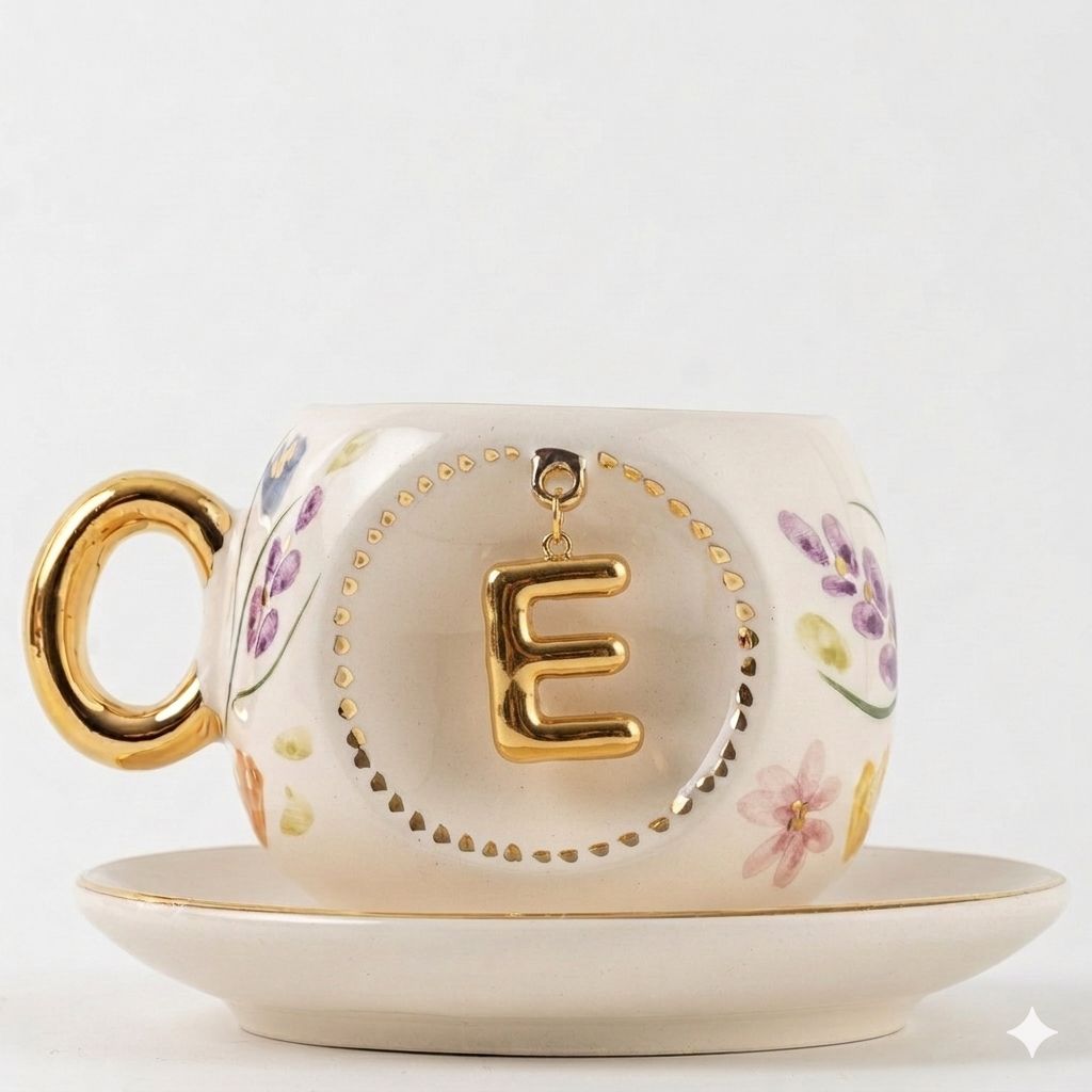Porcelain Turkish coffee cup with handle, gold E letter charm and spring floral details, 130ml