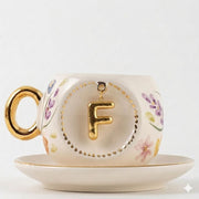 Porcelain Turkish coffee cup with handle, gold F letter charm and spring floral details, 130ml