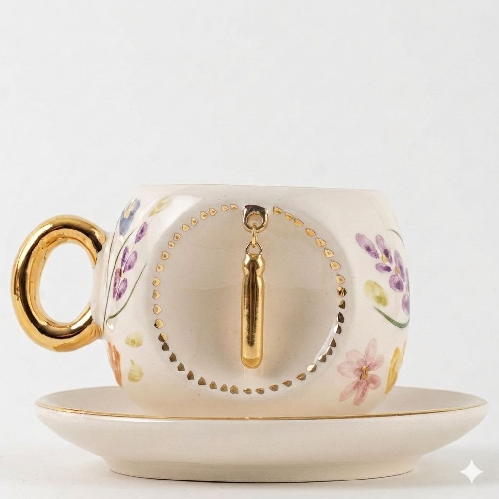 Porcelain Turkish coffee cup with handle, gold I letter charm and spring floral details, 130ml