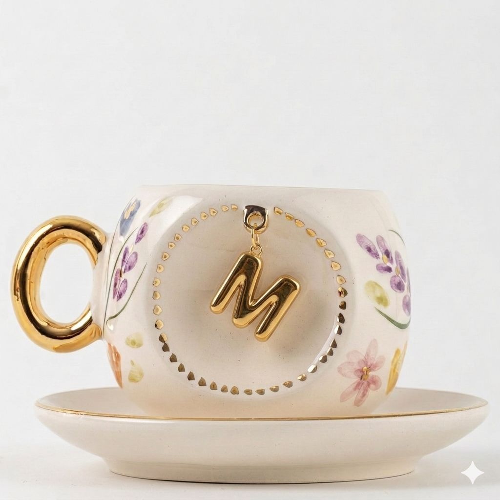 Porcelain Turkish coffee cup and saucer with gold rim, floral design, letter M
