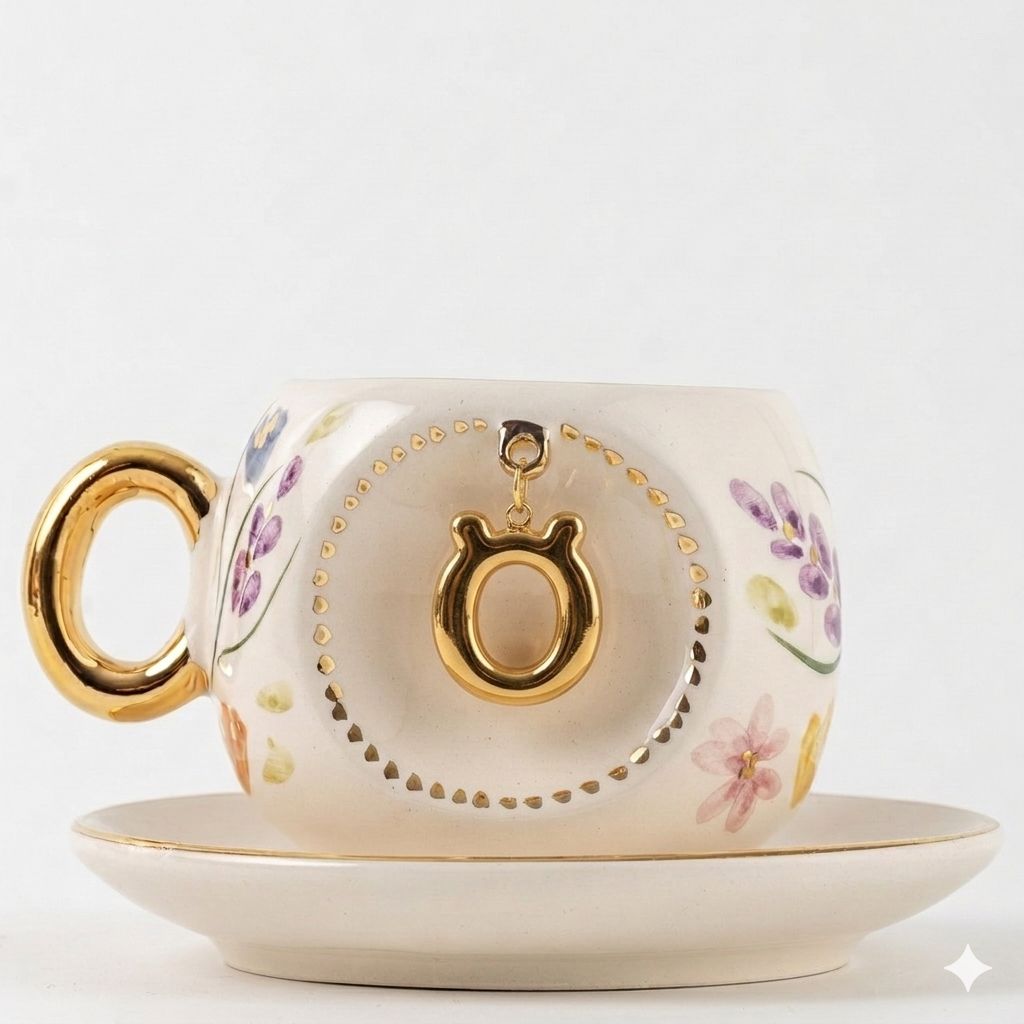 Porcelain Turkish coffee cup and saucer with gold rim, floral design, letter B