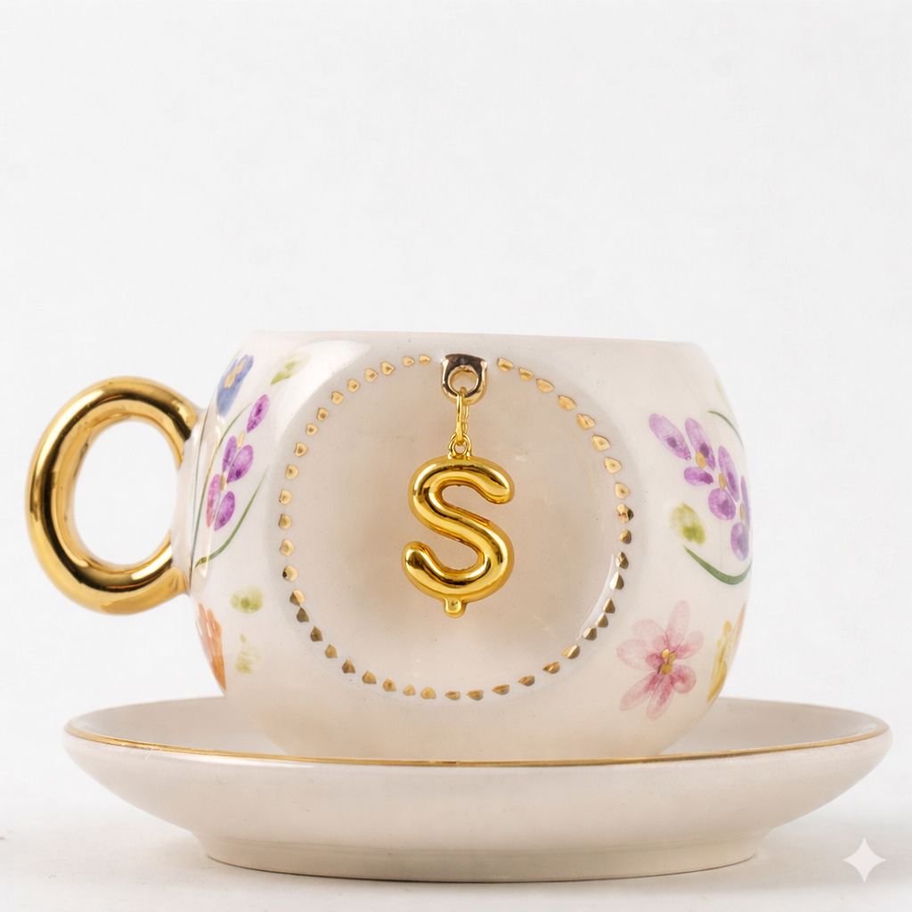 Porcelain Turkish coffee cup and saucer set with gold handle and letter S on center