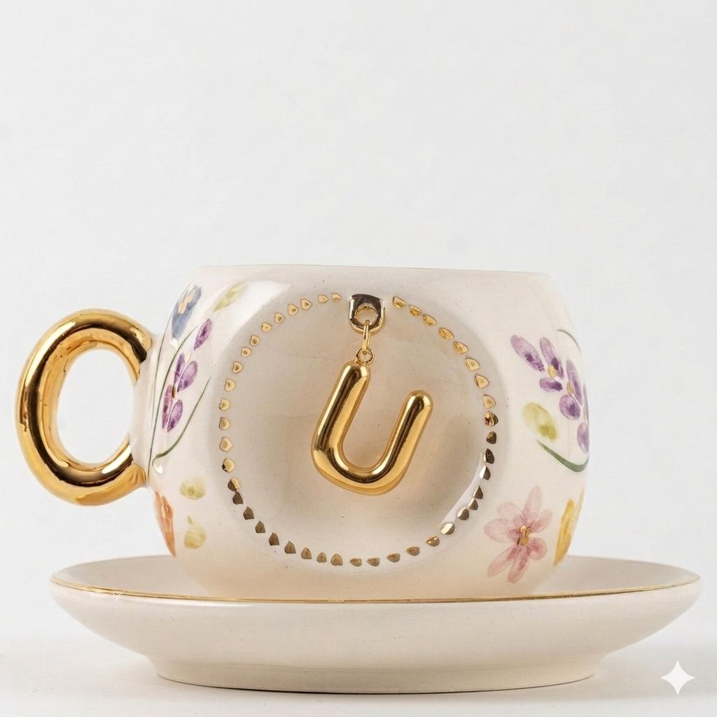 Porcelain Turkish coffee cup and saucer set with gold handle and letter U on center