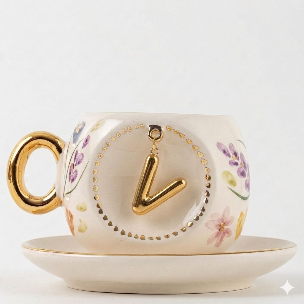 Porcelain Turkish coffee cup with gold rim, floral pattern, letter V medallion