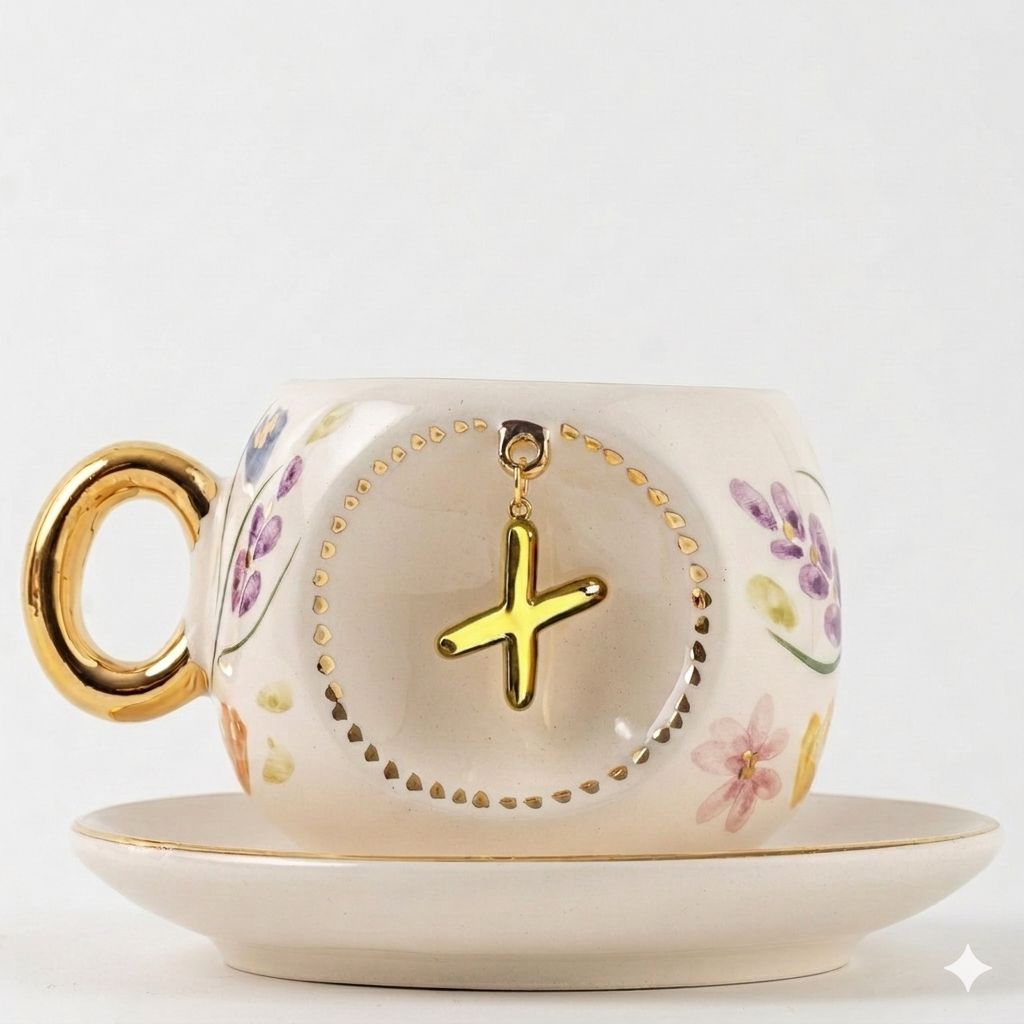 Porcelain Turkish coffee cup with gold rim, floral pattern, letter T medallion