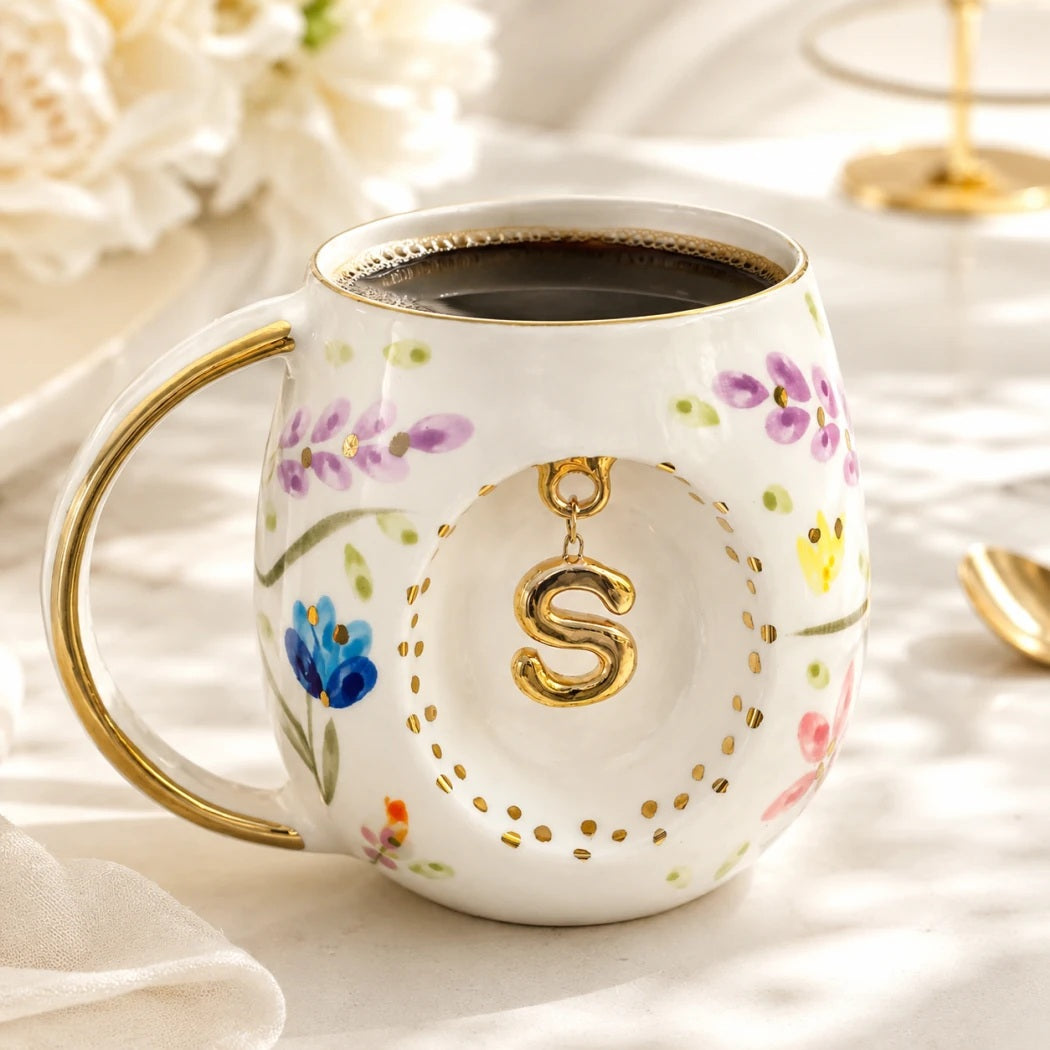 Porcelain mug with gold handle, floral pattern, raised gold letter S, and dark coffee inside