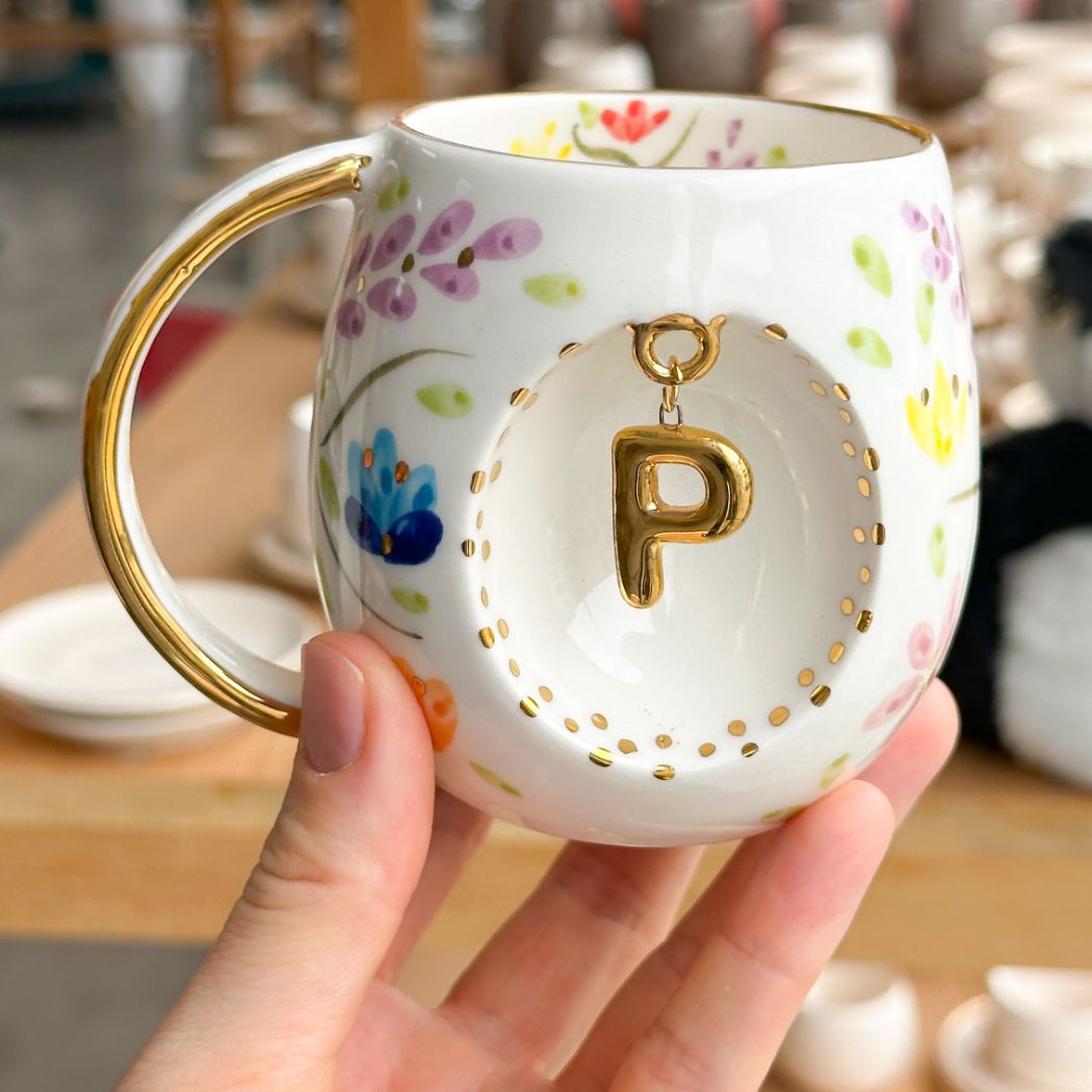 Porcelain letter mug with gold handle and P letter charm, floral spring blossom design