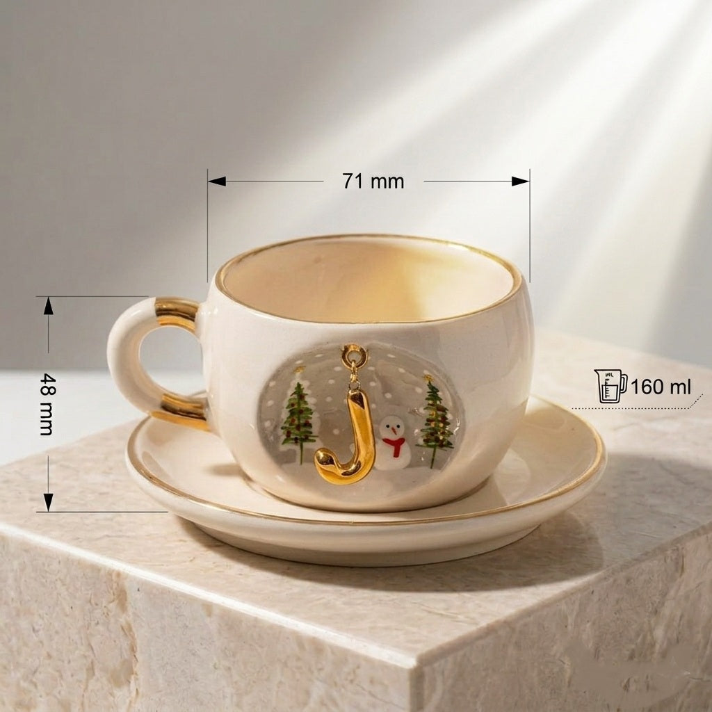 Porcelain tea cup and saucer set, white 160 ml with gold letter charm and trees