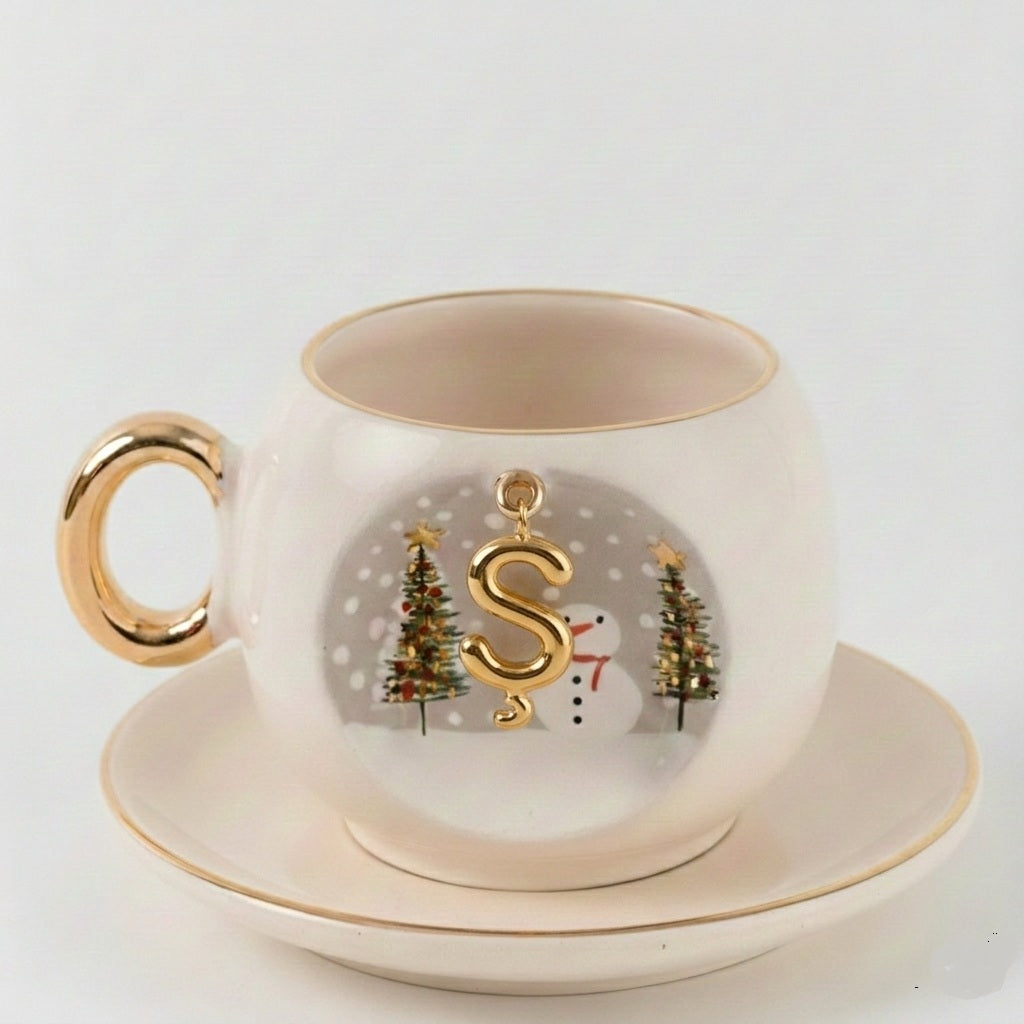 Porcelain coffee cup and saucer set, gold handle, letter S holiday ornament