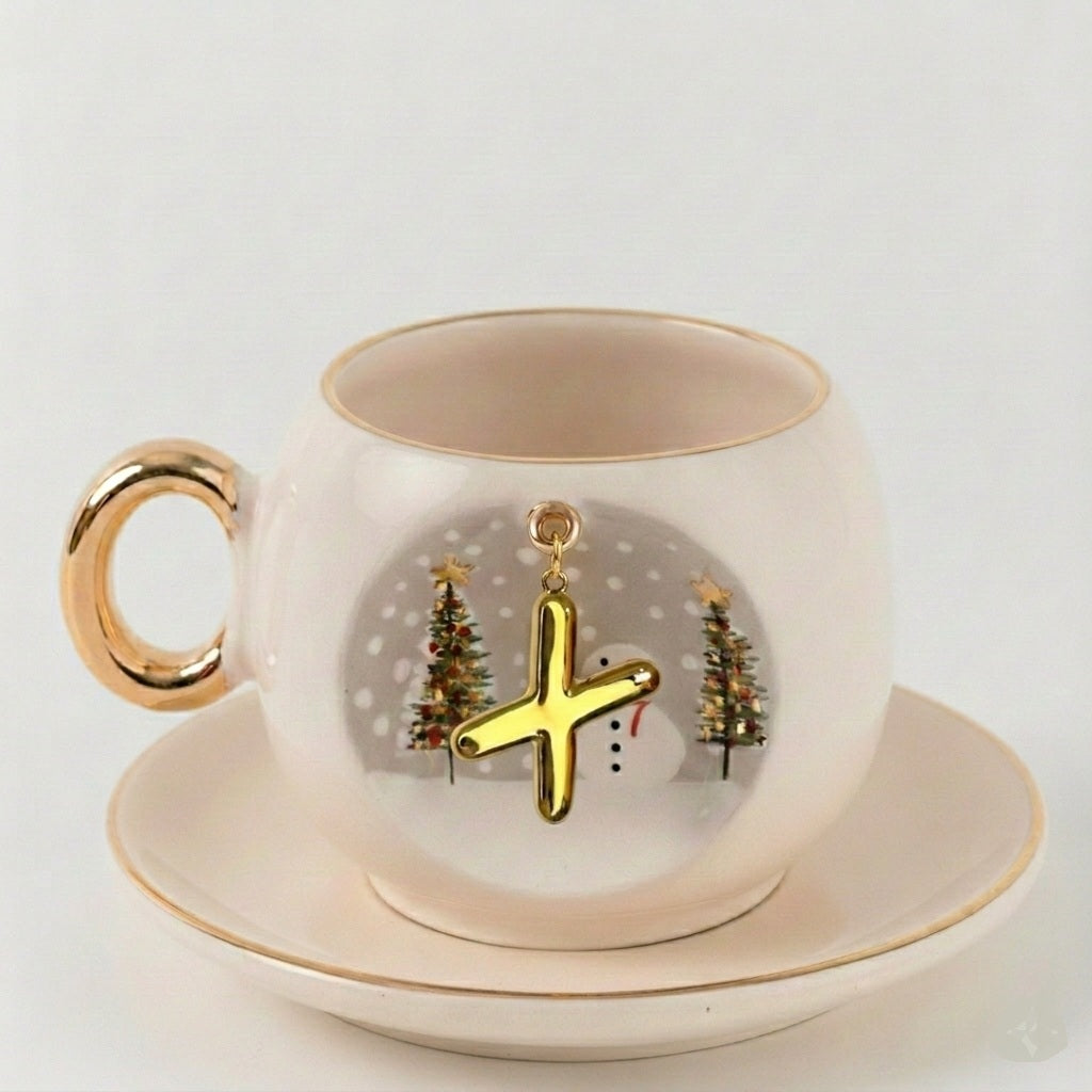 Porcelain coffee cup and saucer set, gold handle, letter T holiday ornament