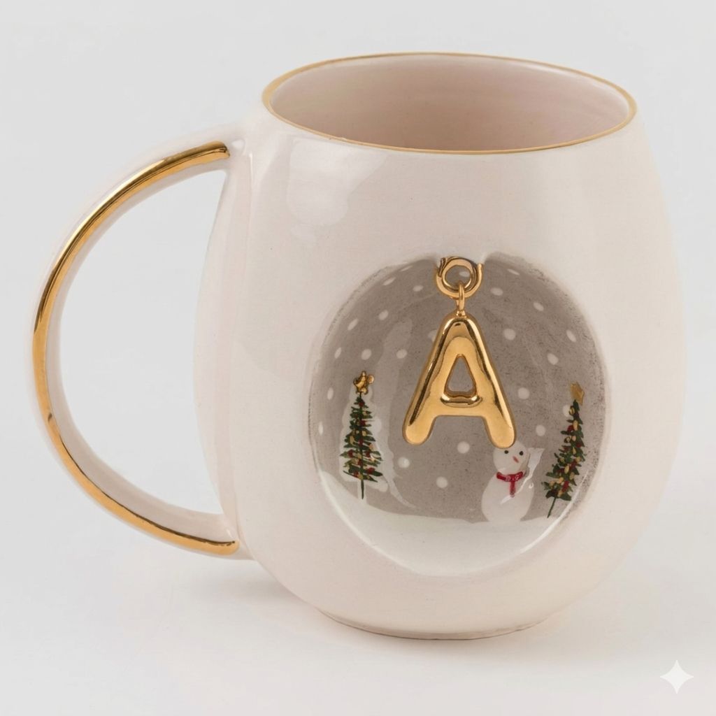 Porcelain mug with gold-trim handle, A charm, winter trees and snowman design