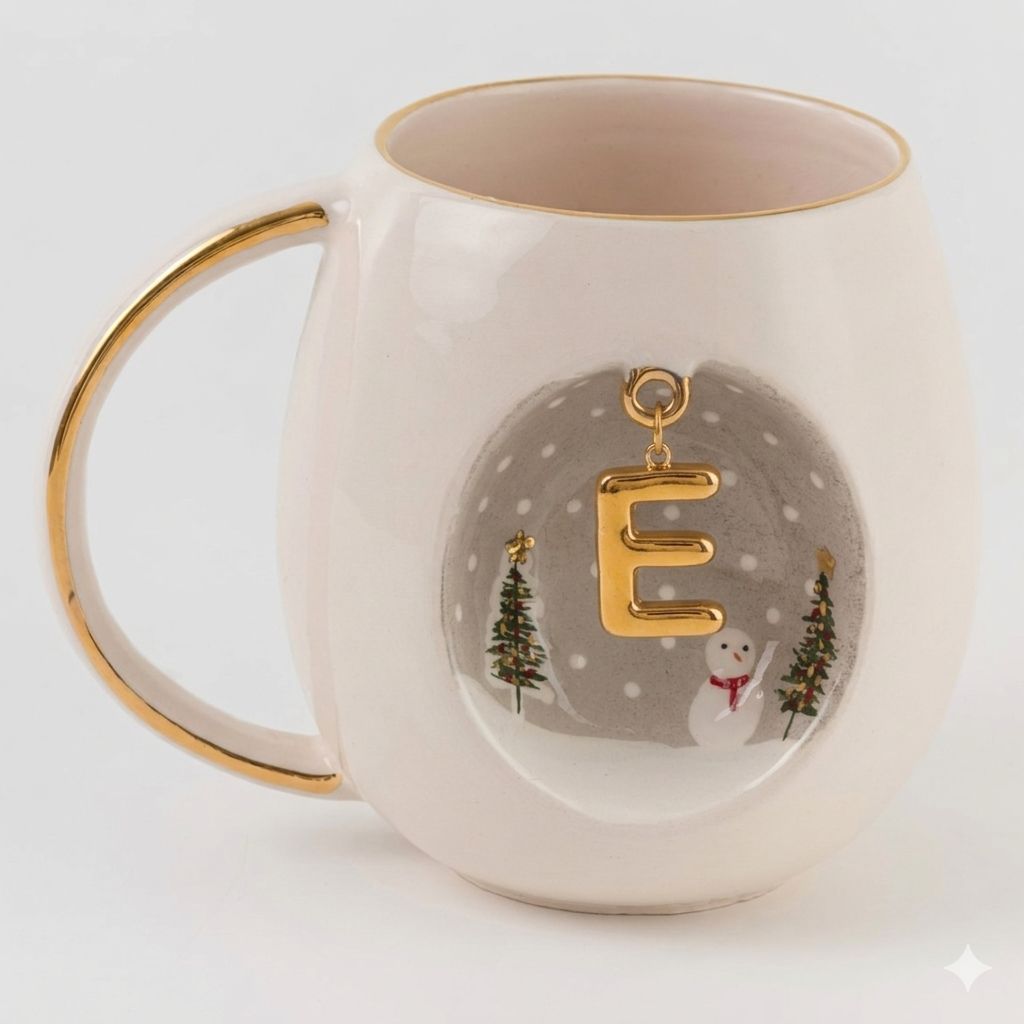 Porcelain mug with gold-trim handle, E charm, winter trees and snowman design