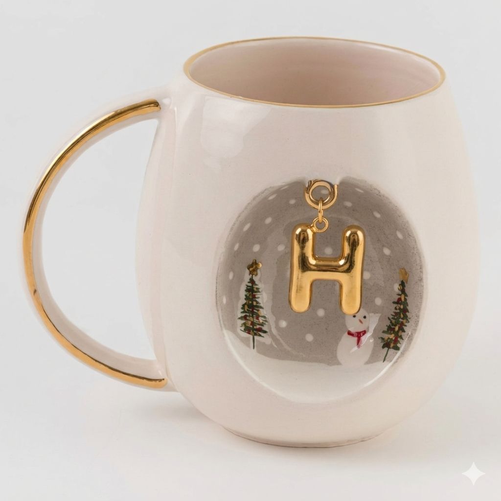 Porcelain mug with gold-trim handle, H charm, winter trees and snowman design
