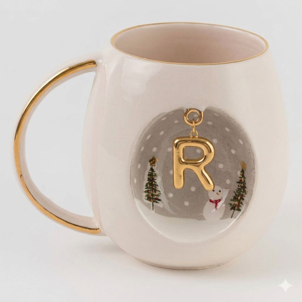 Porcelain mug with gold handle, winter scene medallion and letter R charm