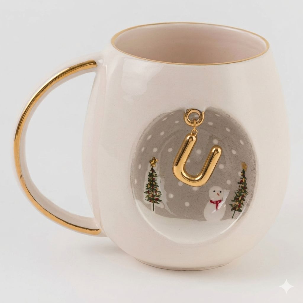 Porcelain mug with gold-tone U letter charm and winter village graphic on front