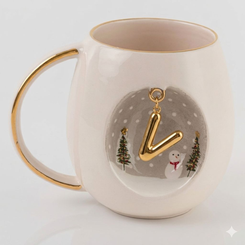 Porcelain mug with gold-tone V letter charm and winter village graphic on front