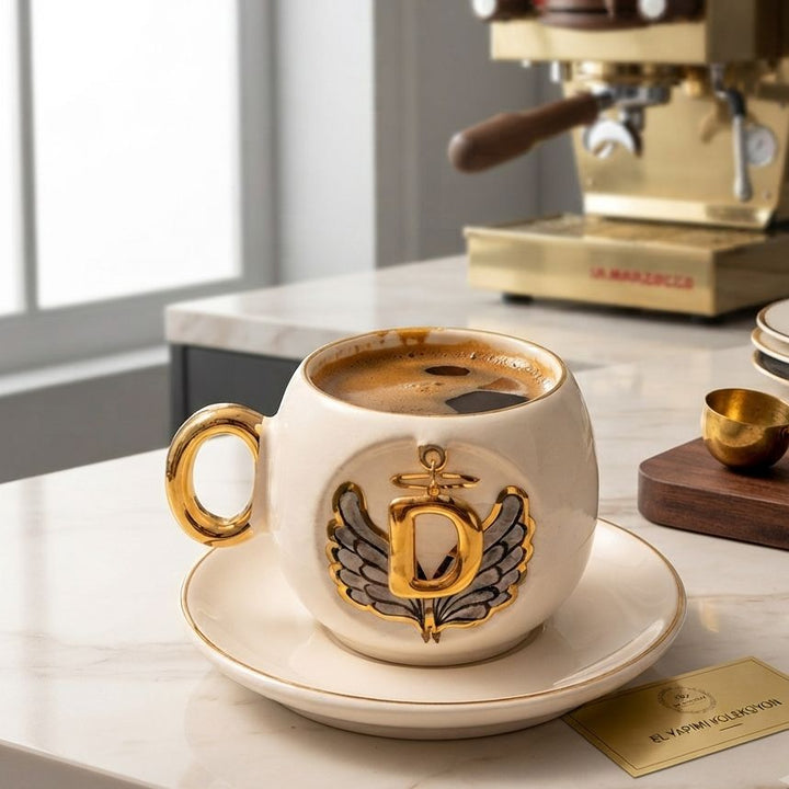 Black Angel Wing Personalized Porcelain Turkish Coffee Cup - 130 ml / 4.4 oz