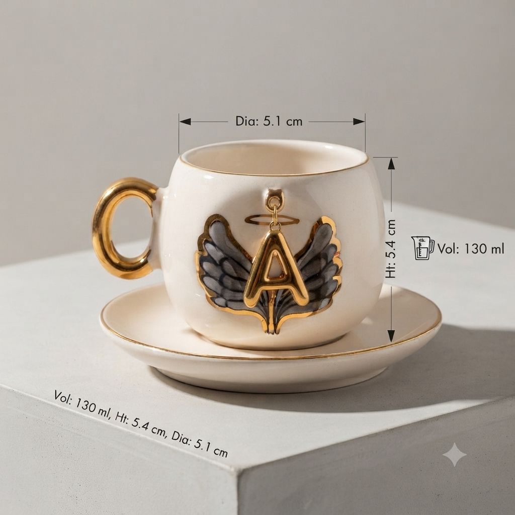 Black Angel Wing Porcelain Cup With Letter 130 ml