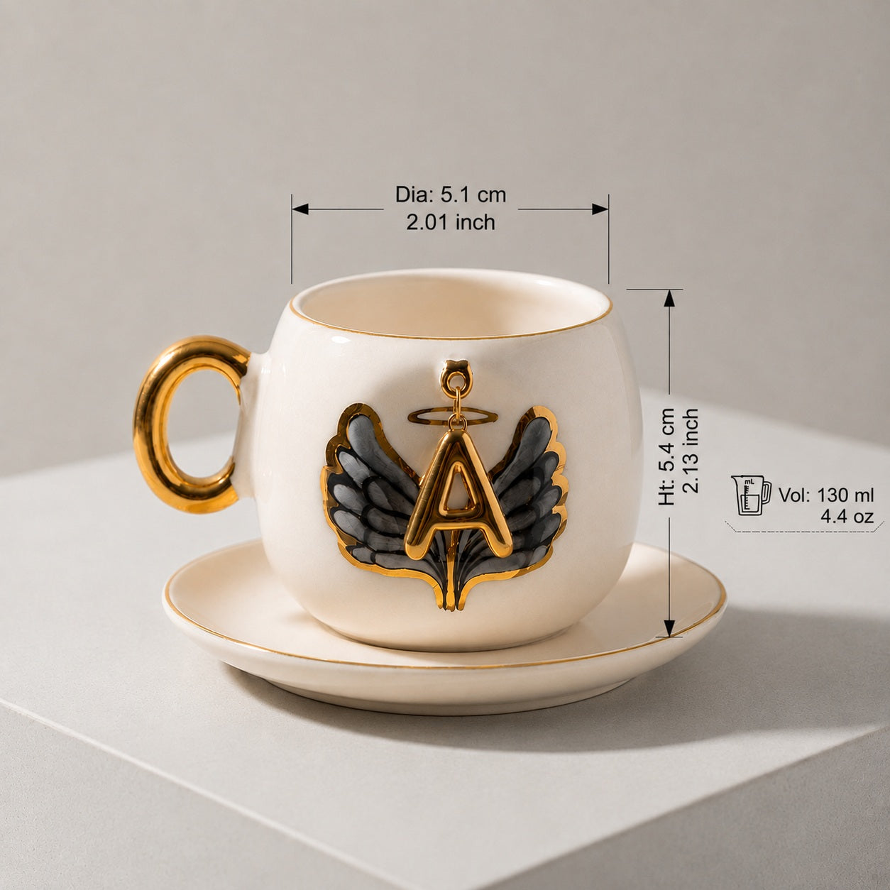 Black Angel Wing Personalized Porcelain Turkish Coffee Cup - 130 ml / 4.4 oz