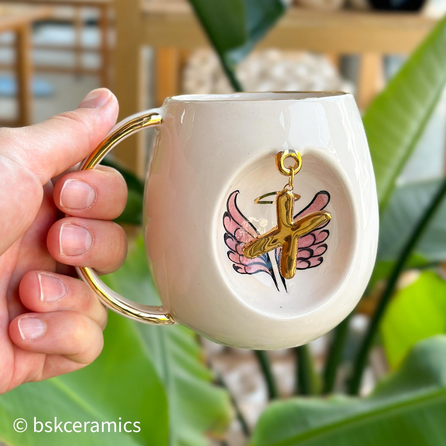 Angel Wings With Halo Mug Pink - BSK Ceramics Handmade