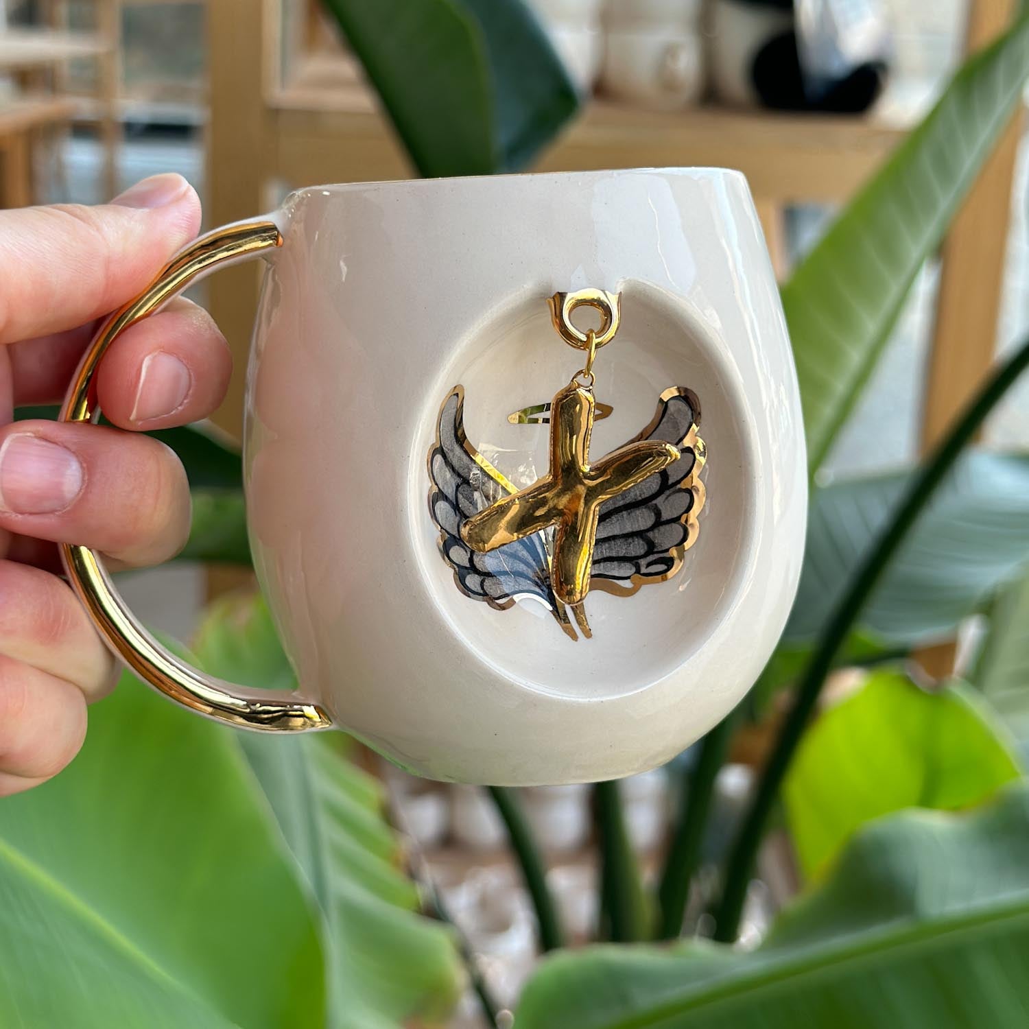 Angel Wings With Halo Mug Black - BSK Ceramics Handmade