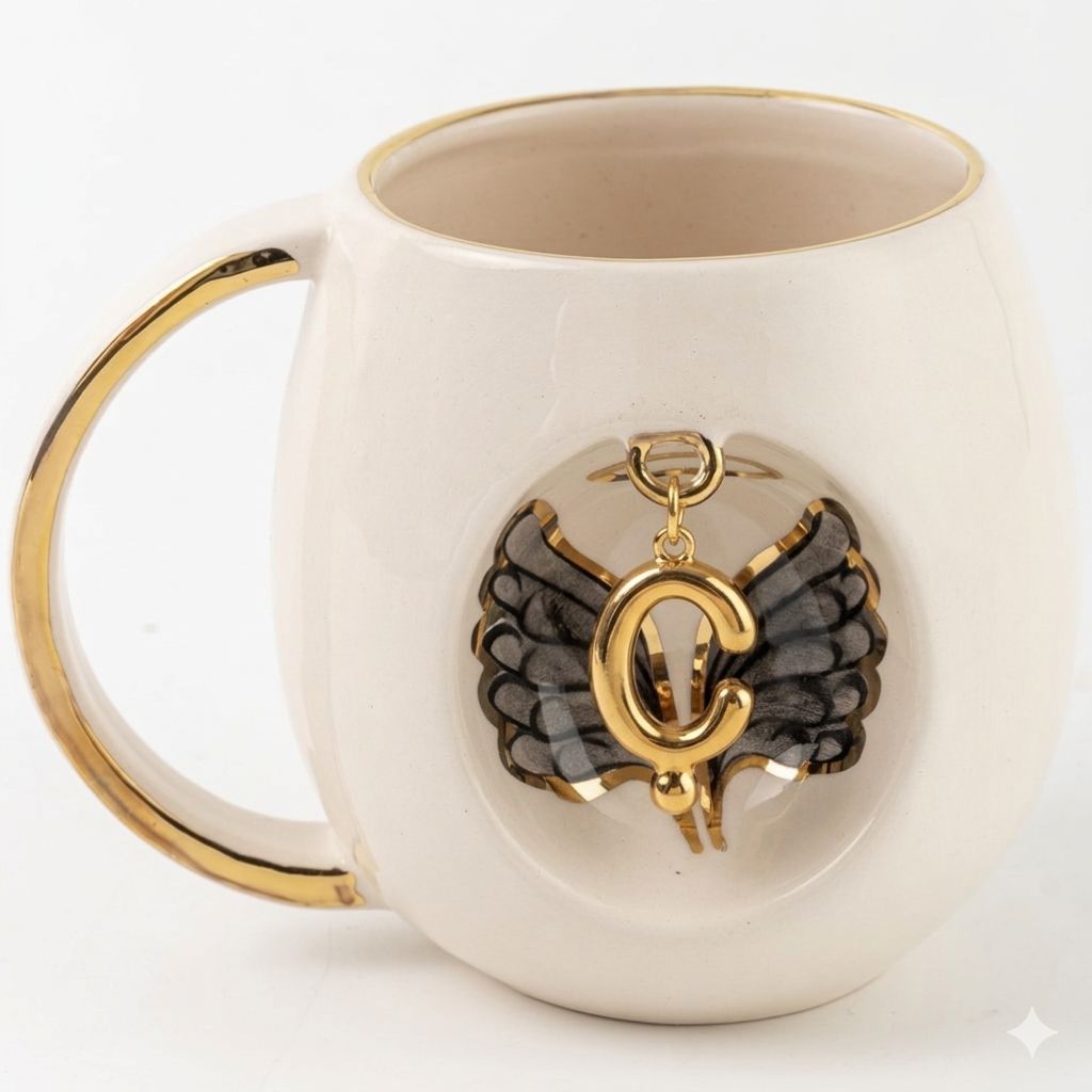 Porcelain mug with gold handle and rim, angel wing motif, gold letter pendant