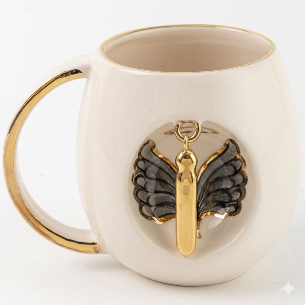 Porcelain mug with gold handle and rim, angel wing motif, gold letter pendant